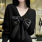 Women's V-Neck Knit Sweater with Large Bow – Elegant Batwing Sleeve Pullover