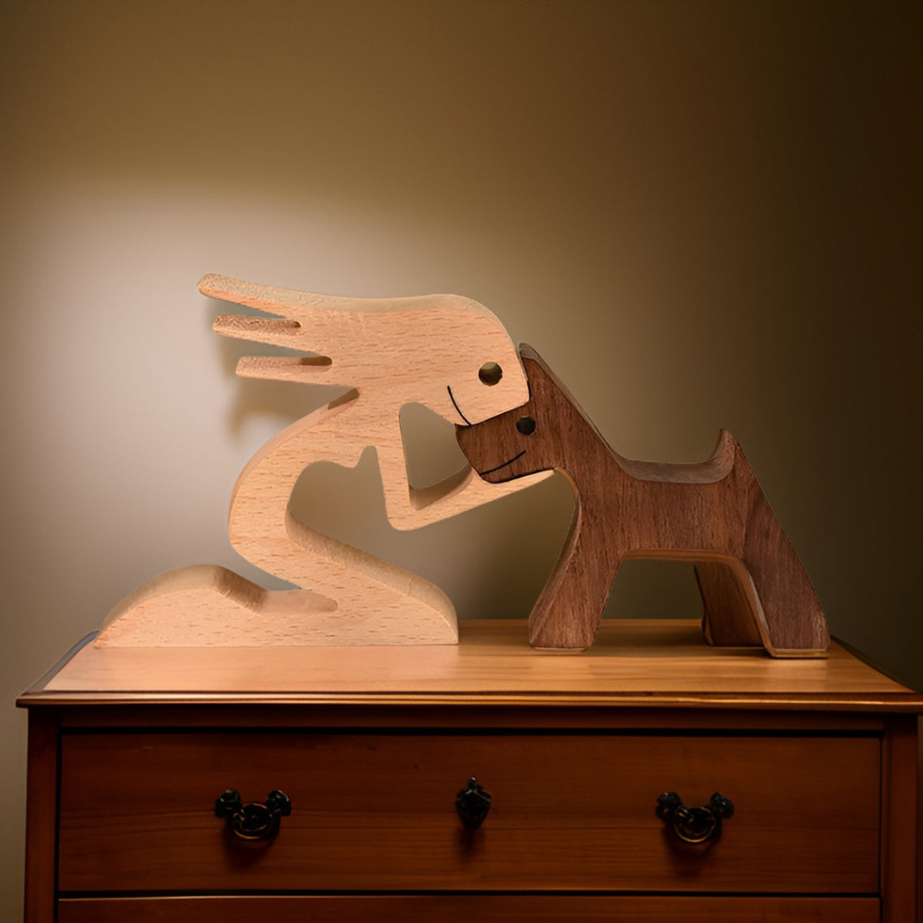 Handmade Wooden Dog & Owner Statue