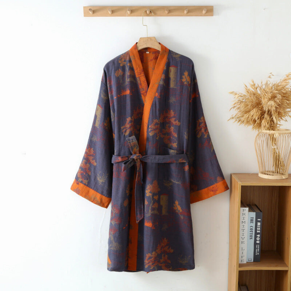 100% Cotton Kimono Bathrobe | Lightweight Breathable Dressing Gown | Soft Retro Style Spa Robe for Everyday Loungewear