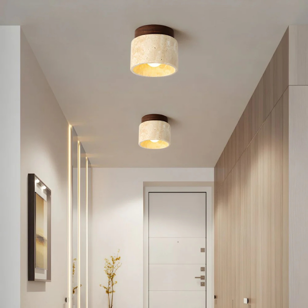 Cylindrical Travertine Ceiling Lamp with Wood Accent