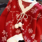 Women's Christmas Snowflake Sweater – Vintage White Knit Pullover with Red Snowflake Print