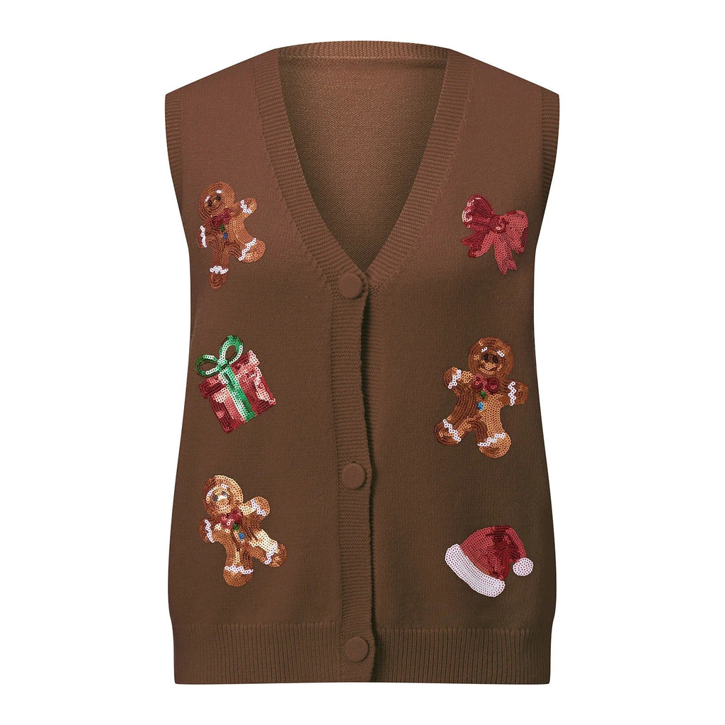 Women's Christmas Sweater Vest – Festive Sequin Gingerbread Men and Candy Cane Button-Up Cardigan