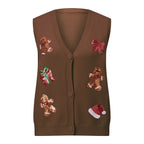 Women's Christmas Sweater Vest – Festive Sequin Gingerbread Men and Candy Cane Button-Up Cardigan