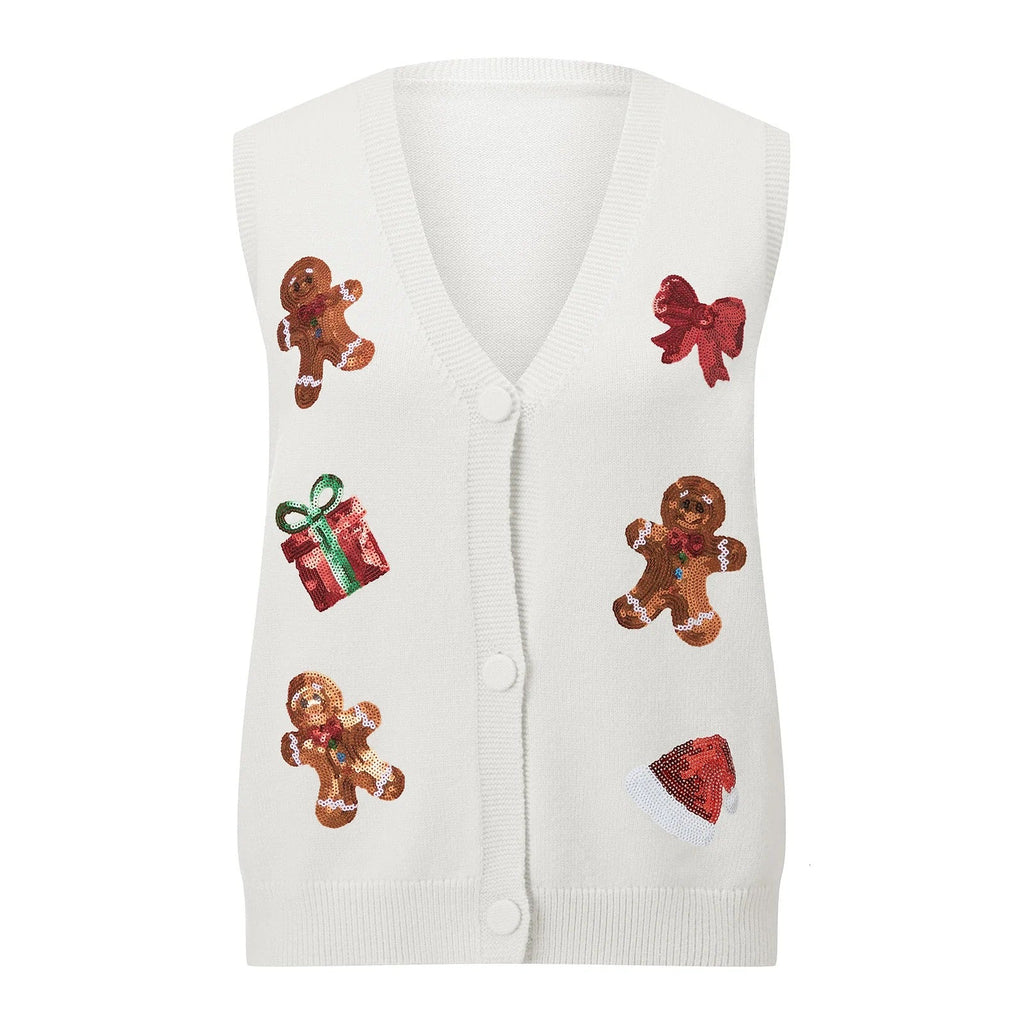 Women's Christmas Sweater Vest – Festive Sequin Gingerbread Men and Candy Cane Button-Up Cardigan