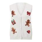 Women's Christmas Sweater Vest – Festive Sequin Gingerbread Men and Candy Cane Button-Up Cardigan