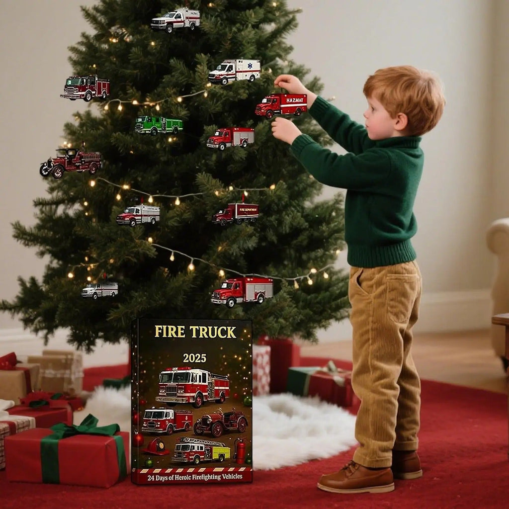 Fire Truck Advent Calendar 2025 – 24-Day Firefighting Vehicle Acrylic Ornaments
