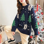 Women's Christmas Sweater – Red Tree and Snowflake Pattern Oversized Knit Pullover