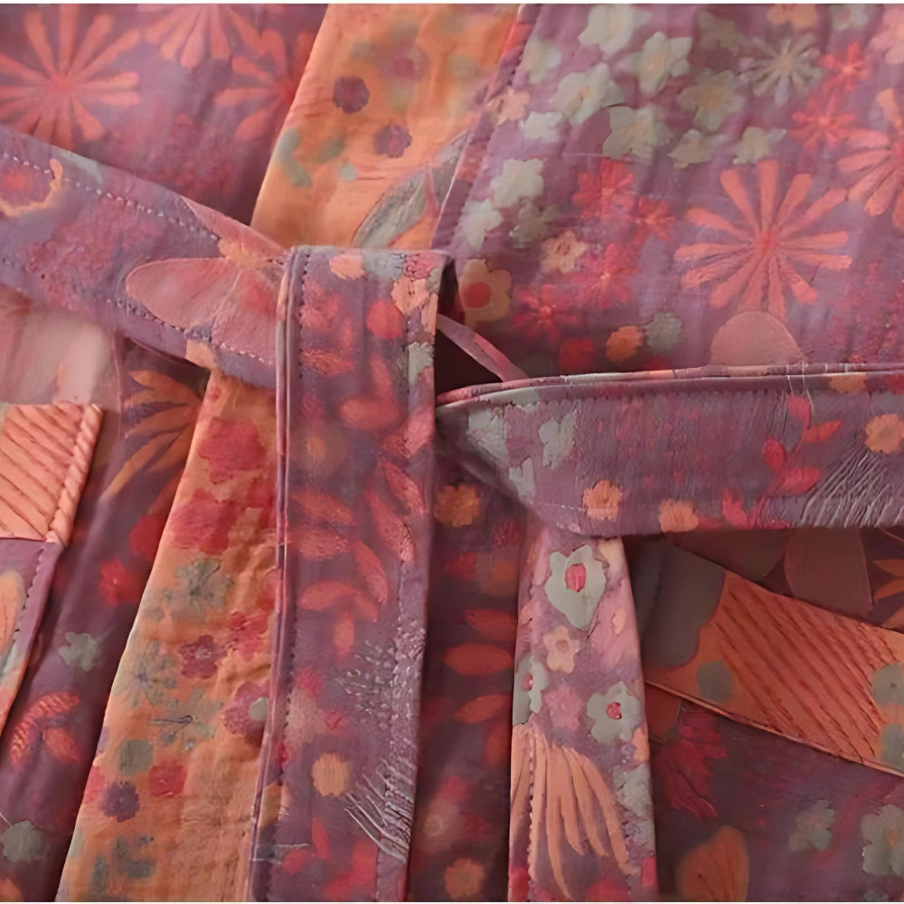 Lightweight Pure Cotton Bathrobe for Women - Double Gauze Breathable Dressing Gown with Vintage Print - Soft Spa Robe