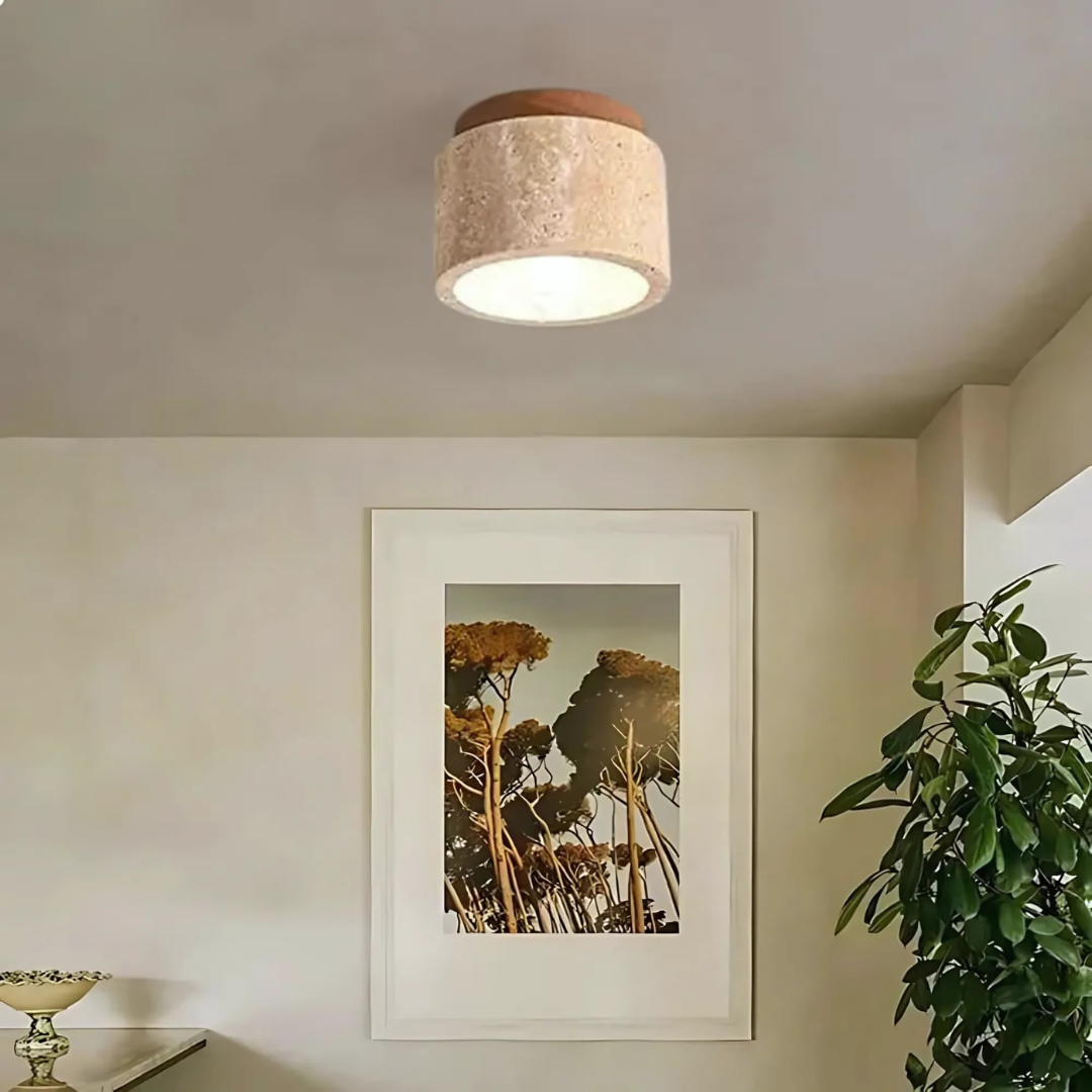 Cylindrical Travertine Ceiling Lamp with Wood Accent