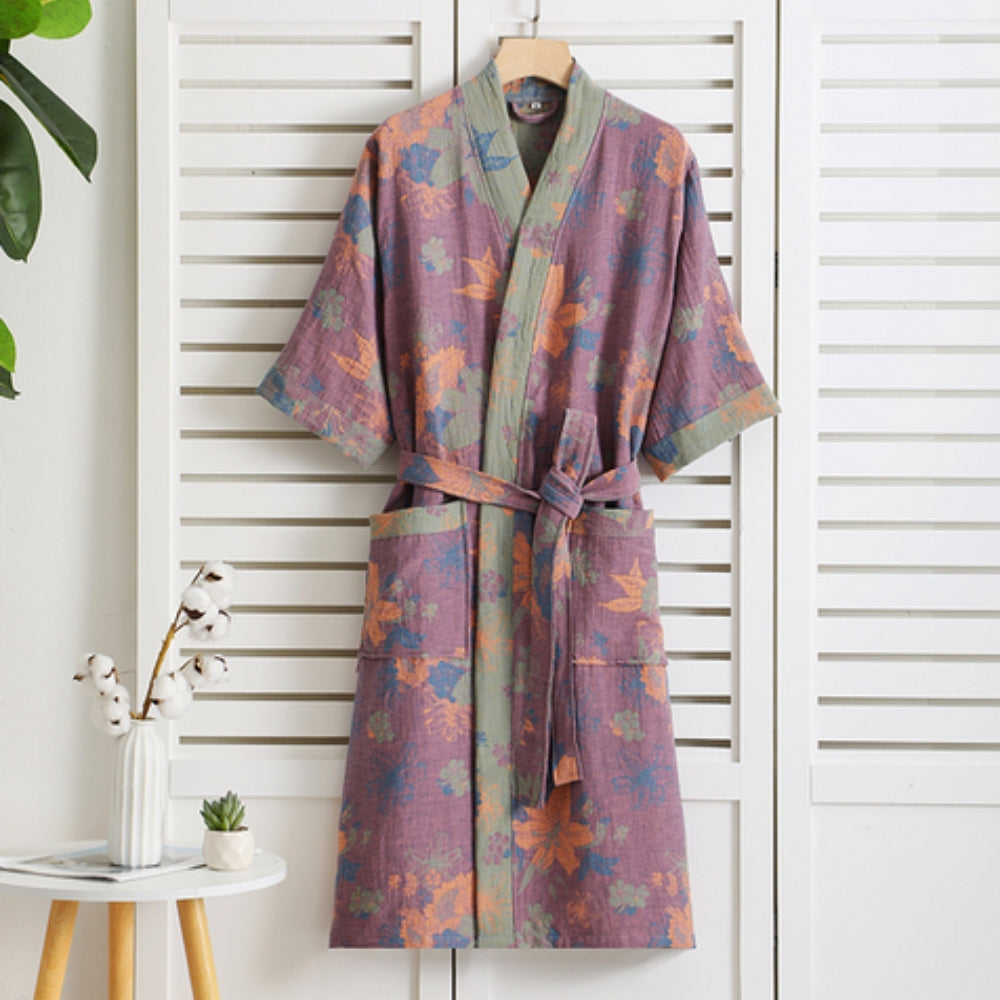 Lightweight Pure Cotton Bathrobe for Women - Double Gauze Breathable Dressing Gown with Vintage Print - Soft Spa Robe