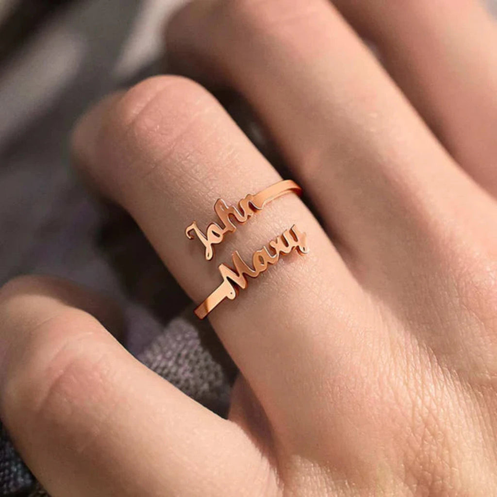 Personalized Double Name Ring | Custom Adjustable Wrap Ring | Stainless Steel Personalized Jewelry Gift for Women and Men
