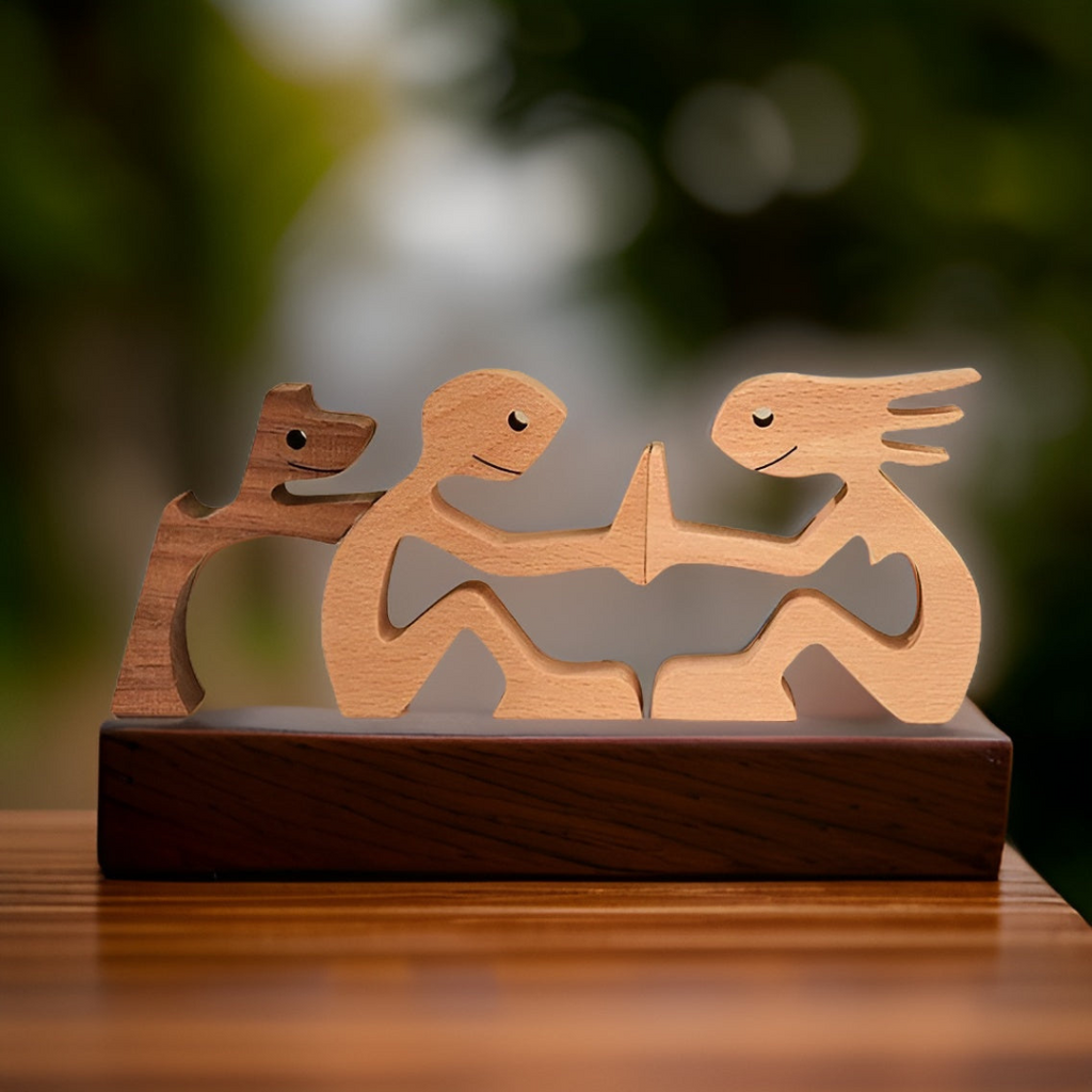 Handmade Wooden Dog & Owner Statue