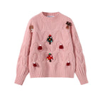 Women's V-Neck Knit Sweater with Large Bow – Elegant Batwing Sleeve Pullover