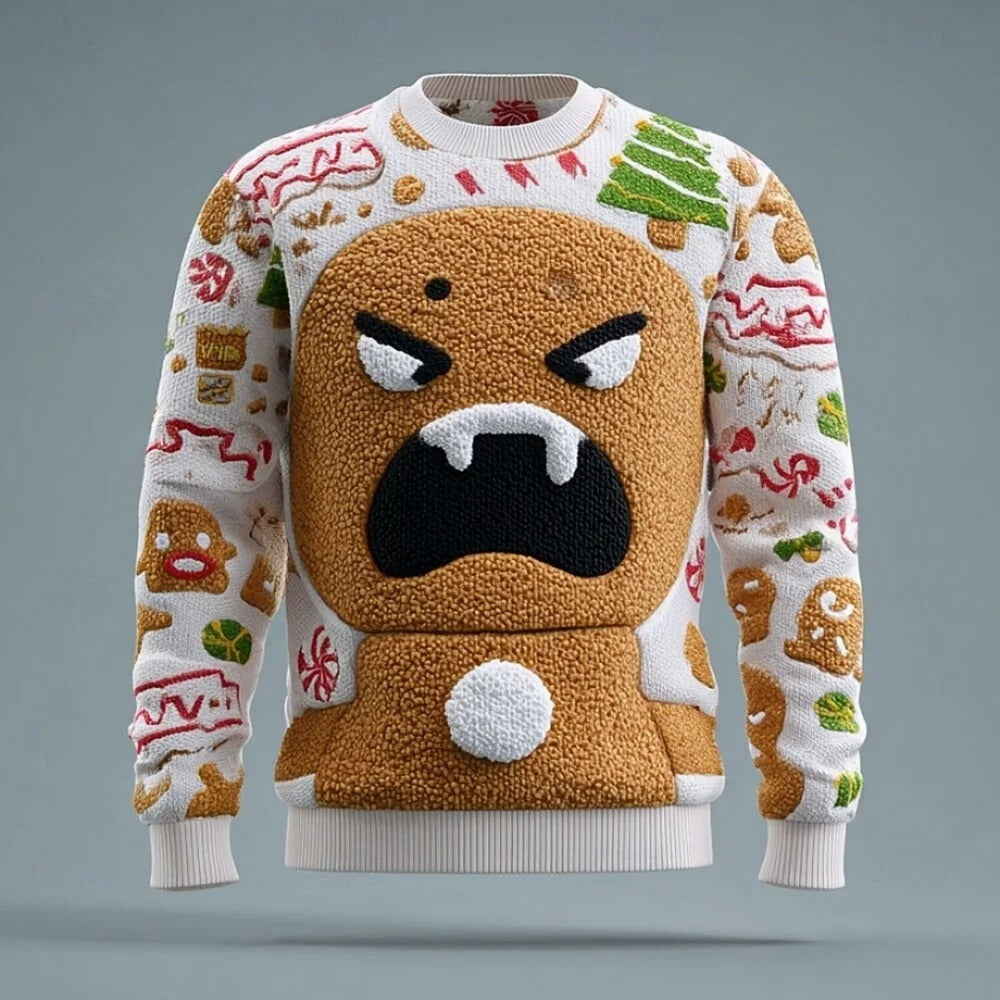 Men's Christmas Sweater – 3D Santa Claus Face Fuzzy Knit Pullover with Long Sleeves