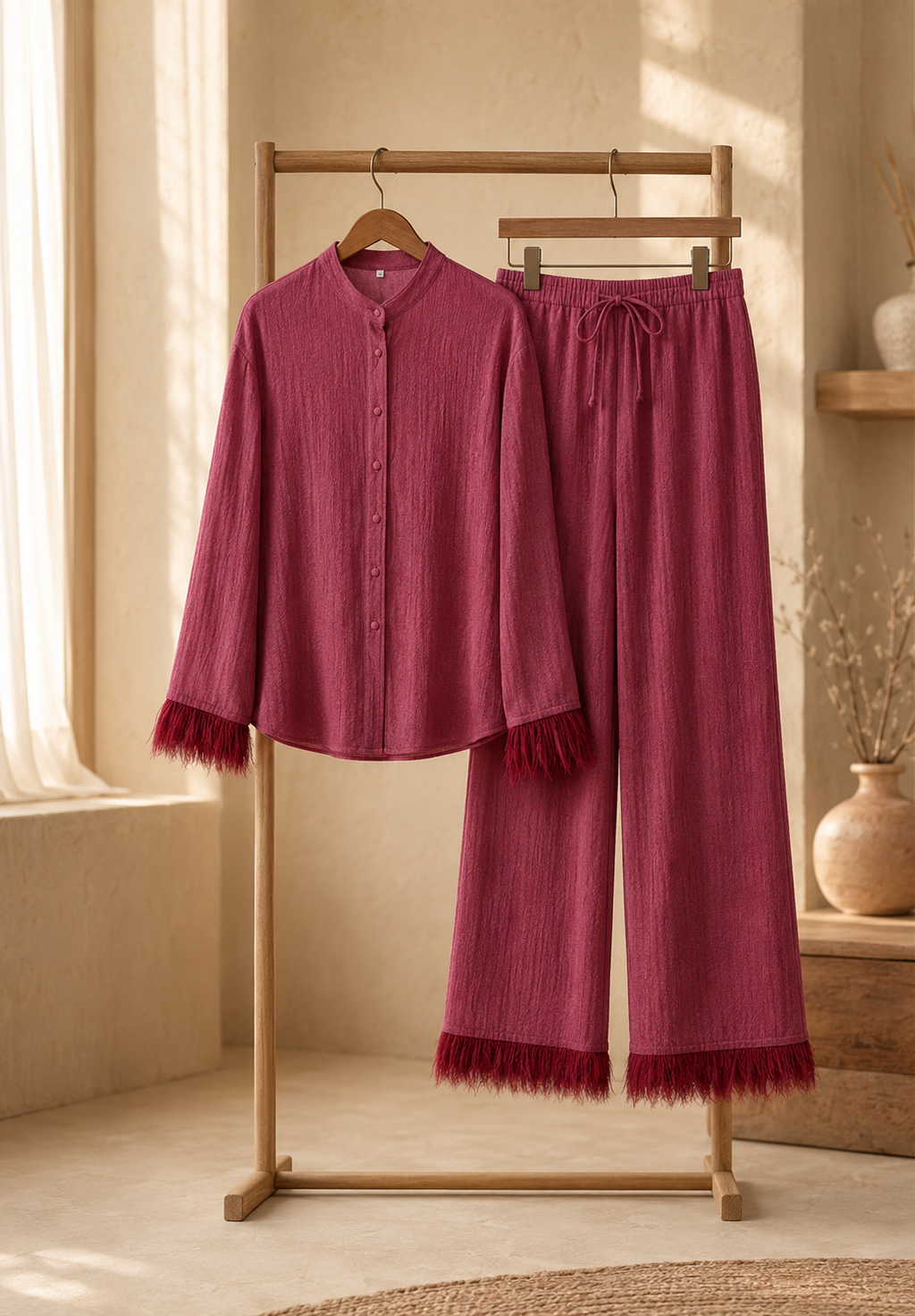 Women's Sequin Co-ord Set with Feather Trim Top and Wide Leg Trousers | Two Piece Evening Party Outfit for Festive Events
