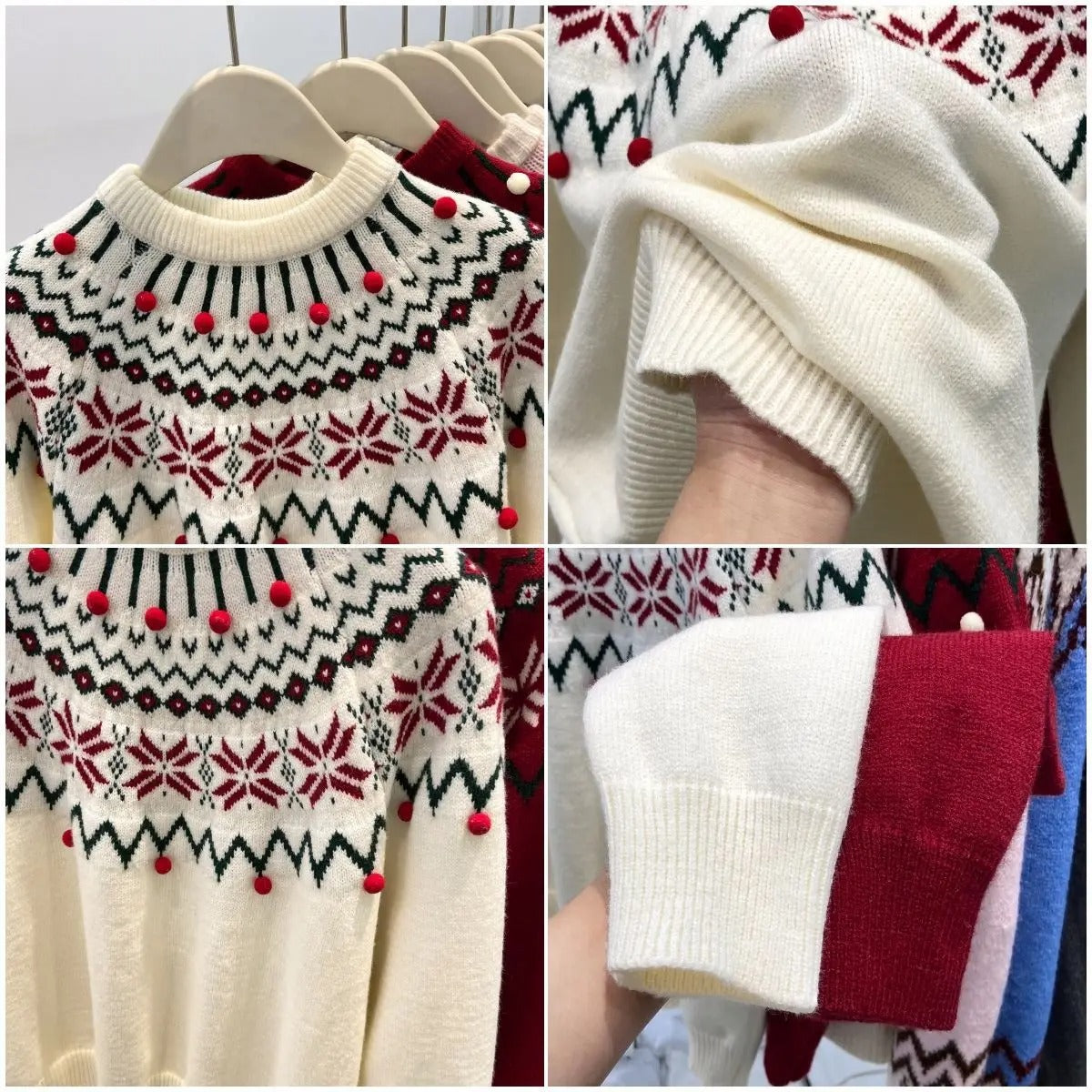 Women's Christmas Jacquard Knit Sweater – Cream White and Red Geometric Pattern Pullover