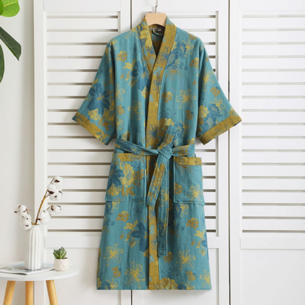 Lightweight Pure Cotton Bathrobe for Women - Double Gauze Breathable Dressing Gown with Vintage Print - Soft Spa Robe
