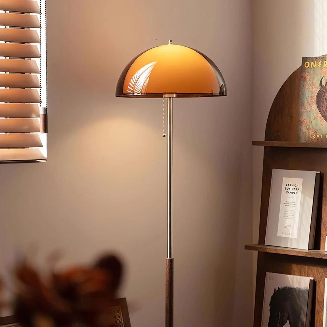 Amber Glass Floor Lamp – Retro Style With Walnut Wood And Metal Base
