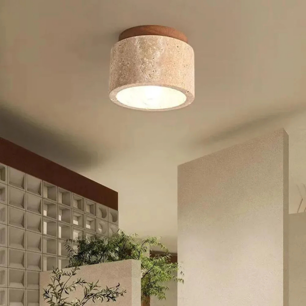 Cylindrical Travertine Ceiling Lamp with Wood Accent