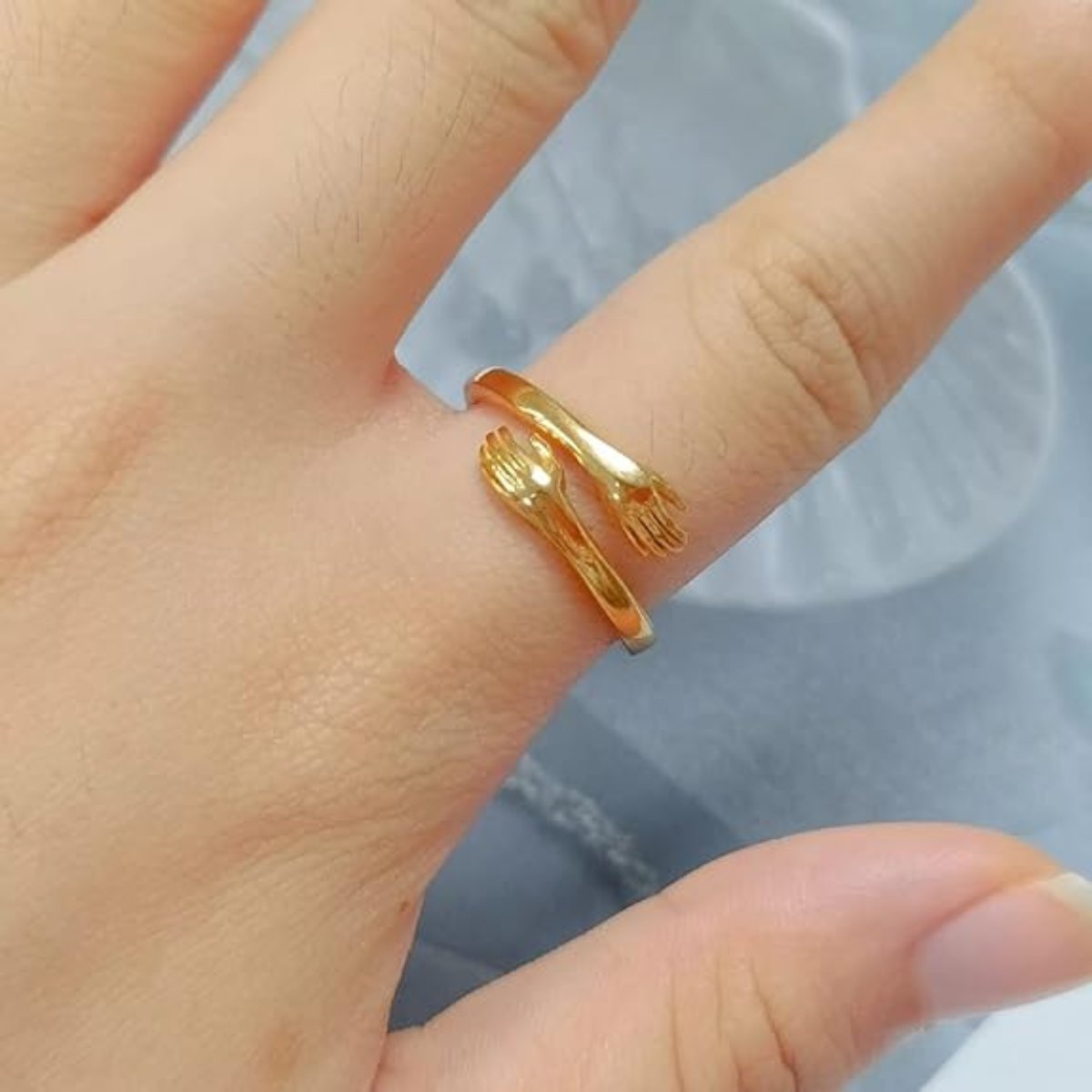 Hugging Hands Ring Adjustable Stainless Steel Band - Symbolic Love and Connection Jewelry Gift for Women and Men - Open Wrap Style