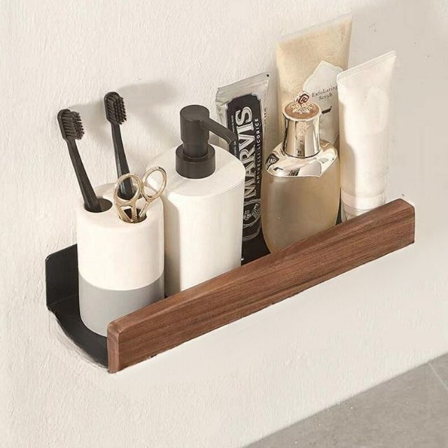 Bathroom Shelf Solid Wood with Drill-Free Adhesive Mounting | Water-Resistant Coating | Space-Saving Wall Storage Rack