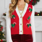 Women's Christmas Sweater Vest – Festive Sequin Gingerbread Men and Candy Cane Button-Up Cardigan