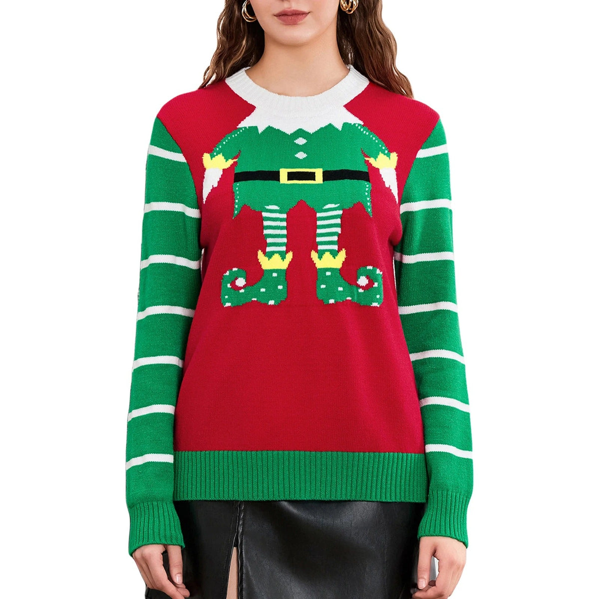Women's Christmas Elf Sweater – Festive Red and Green Long Sleeve Knit Pullover