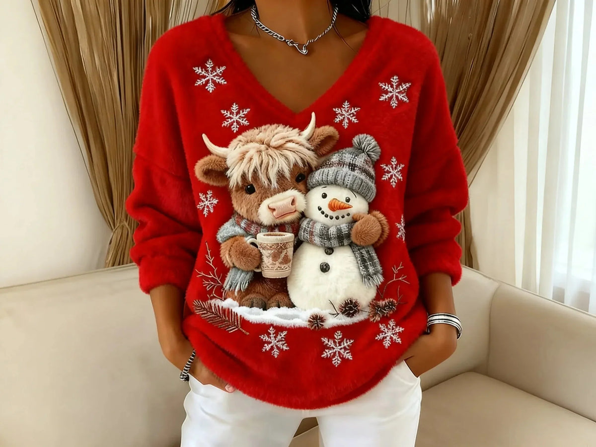 Women's Festive Christmas Sweater with Reindeer and Snowman Motif | Warm Holiday Knit Jumper for Winter Festive Celebrations