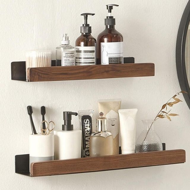 Bathroom Shelf Solid Wood with Drill-Free Adhesive Mounting | Water-Resistant Coating | Space-Saving Wall Storage Rack