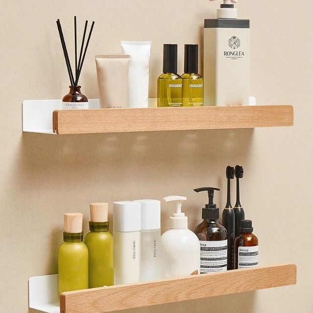 Bathroom Shelf Solid Wood with Drill-Free Adhesive Mounting | Water-Resistant Coating | Space-Saving Wall Storage Rack