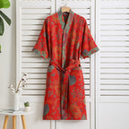 Lightweight Pure Cotton Bathrobe for Women - Double Gauze Breathable Dressing Gown with Vintage Print - Soft Spa Robe