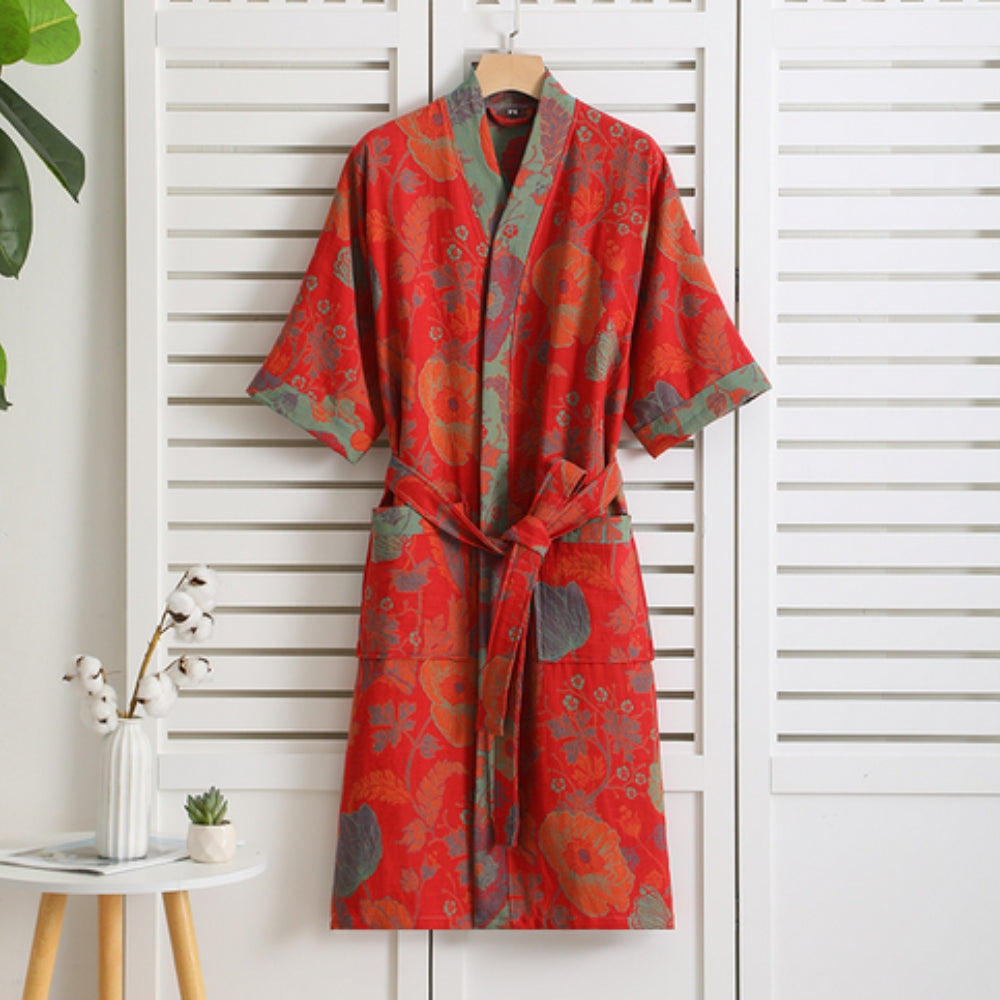 Lightweight Pure Cotton Bathrobe for Women - Double Gauze Breathable Dressing Gown with Vintage Print - Soft Spa Robe