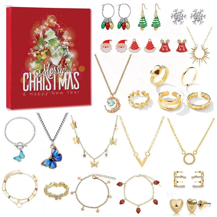 Jewelry Advent Calendar with 24 Pieces of Gold and Silver Finished Necklaces Bracelets and Earrings Holiday Countdown Gift