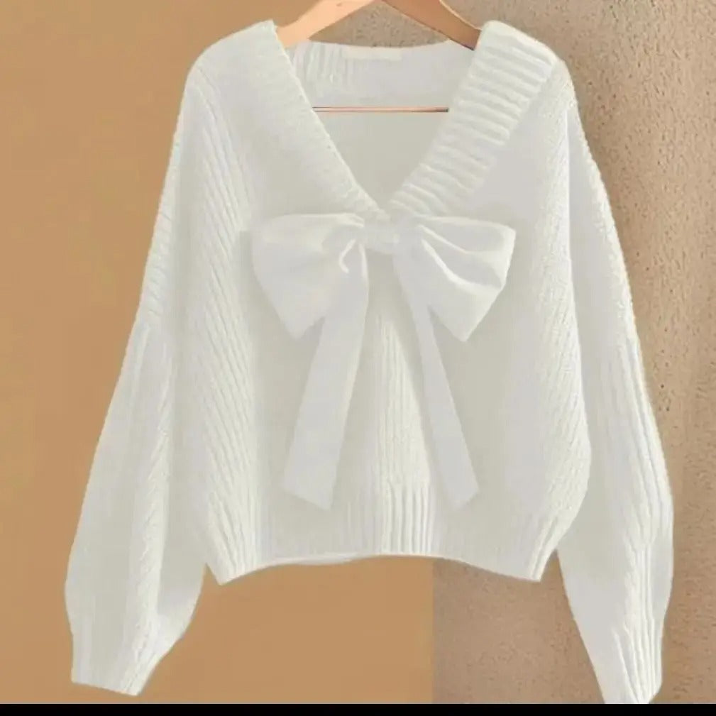 Women's V-Neck Knit Sweater with Large Bow – Elegant Batwing Sleeve Pullover
