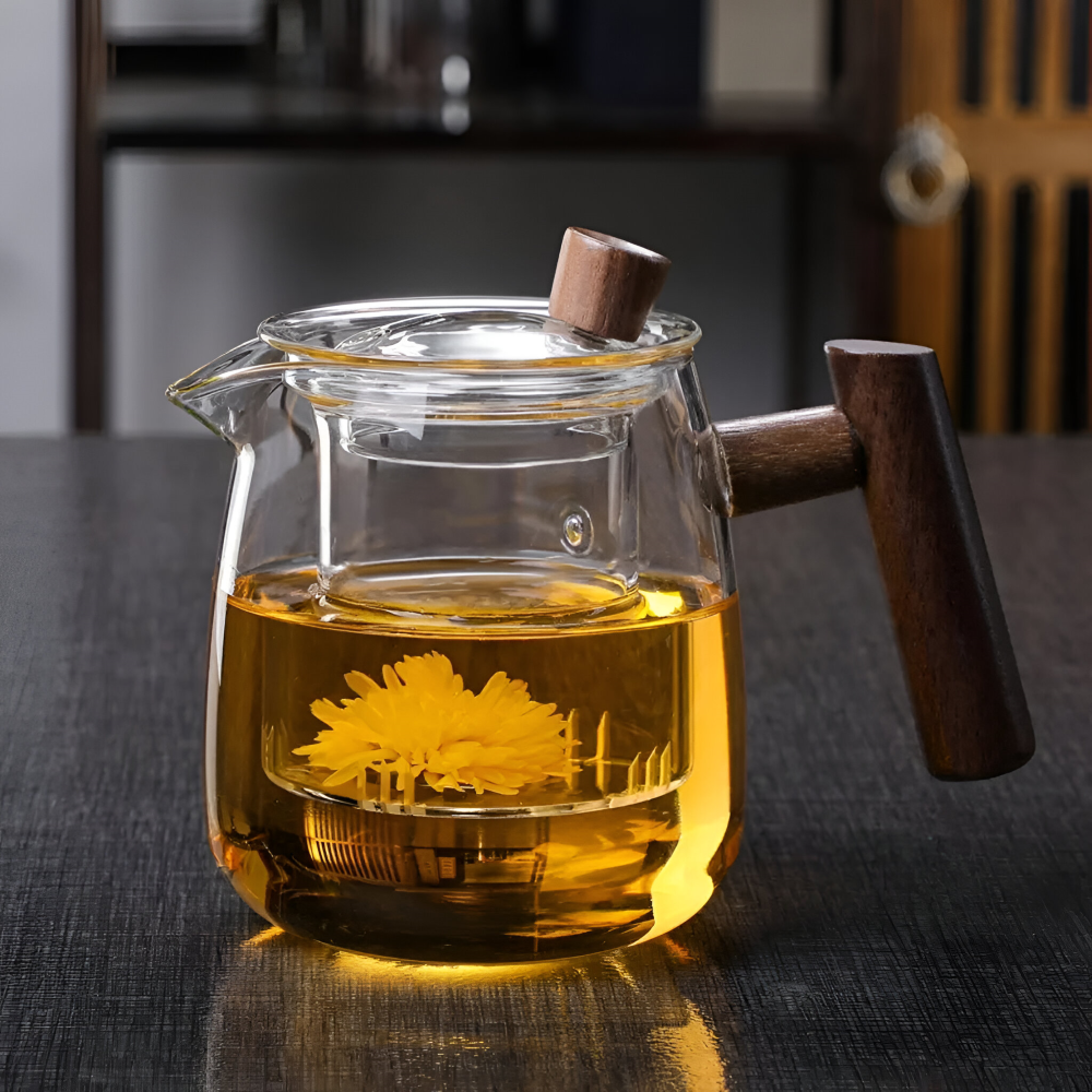 Glass Tea Pot Wooden Handle Borosilicate Brewing Kettle