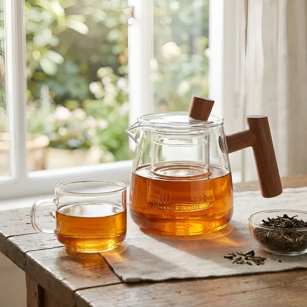 Glass Tea Pot Wooden Handle Borosilicate Brewing Kettle