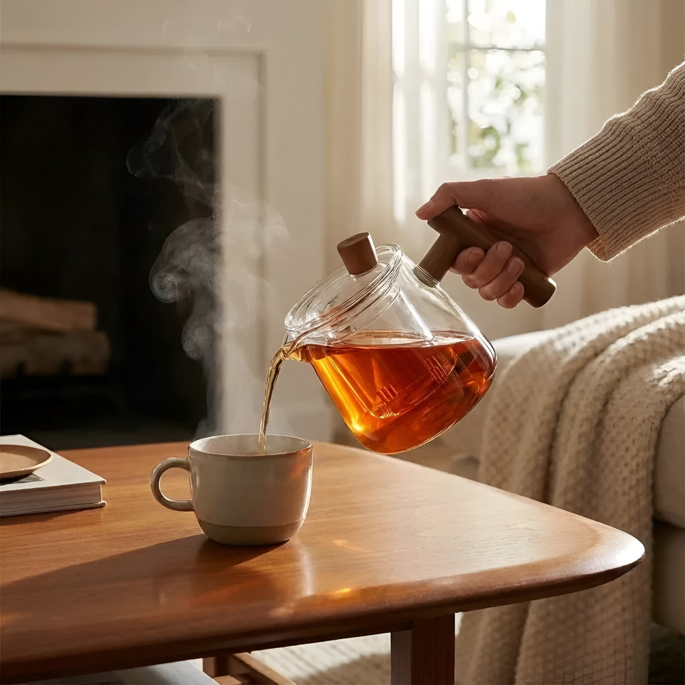 Glass Tea Pot Wooden Handle Borosilicate Brewing Kettle