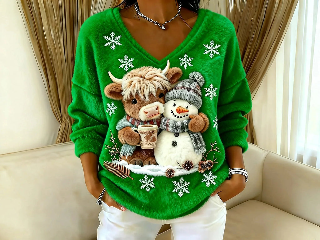 Women's Festive Christmas Sweater with Reindeer and Snowman Motif | Warm Holiday Knit Jumper for Winter Festive Celebrations