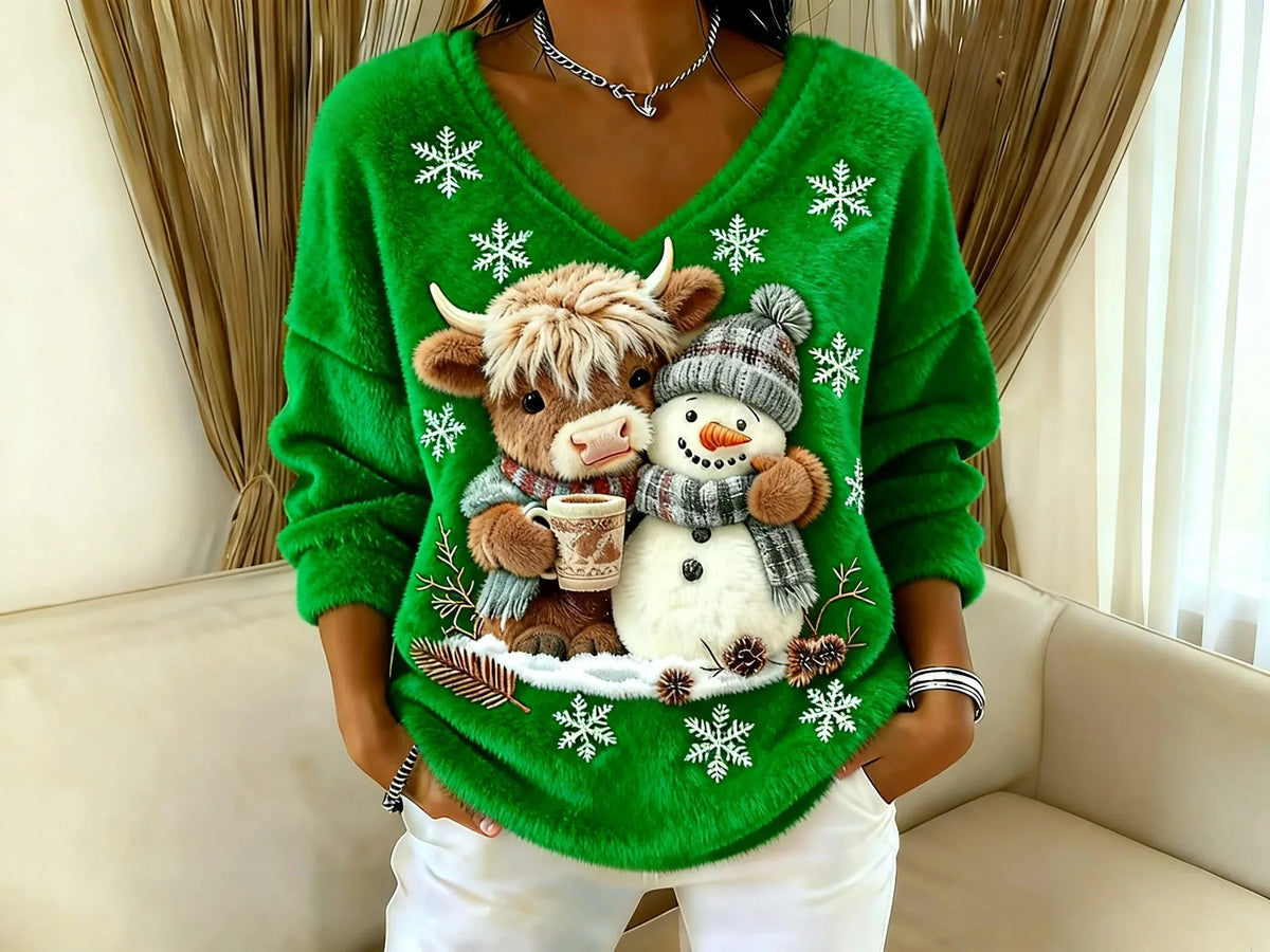 Women's Festive Christmas Sweater with Reindeer and Snowman Motif | Warm Holiday Knit Jumper for Winter Festive Celebrations