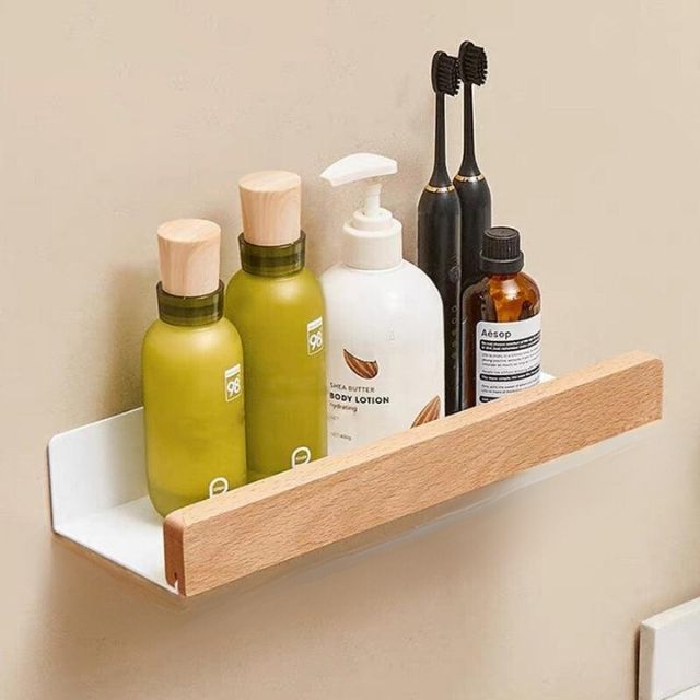 Bathroom Shelf Solid Wood with Drill-Free Adhesive Mounting | Water-Resistant Coating | Space-Saving Wall Storage Rack