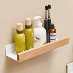 Bathroom Shelf Solid Wood with Drill-Free Adhesive Mounting | Water-Resistant Coating | Space-Saving Wall Storage Rack