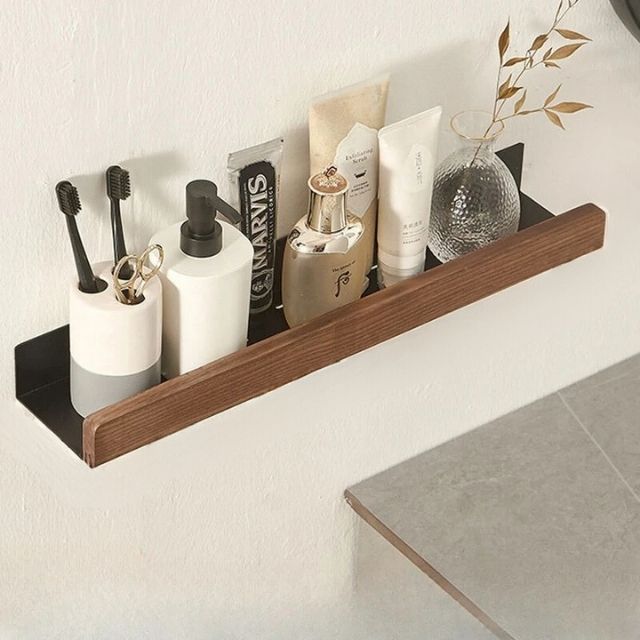 Bathroom Shelf Solid Wood with Drill-Free Adhesive Mounting | Water-Resistant Coating | Space-Saving Wall Storage Rack