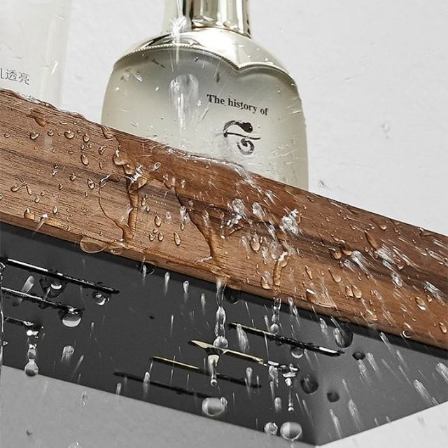 Bathroom Shelf Solid Wood with Drill-Free Adhesive Mounting | Water-Resistant Coating | Space-Saving Wall Storage Rack