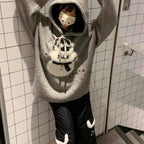 Women's Gray Hooded Knit Sweater with Cute Cartoon Bear Print – Cozy Winter Pullover