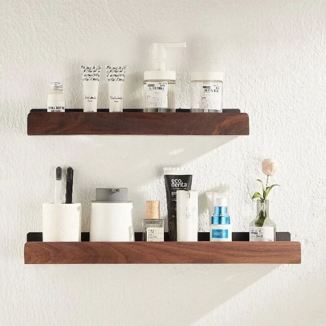 Bathroom Shelf Solid Wood with Drill-Free Adhesive Mounting | Water-Resistant Coating | Space-Saving Wall Storage Rack