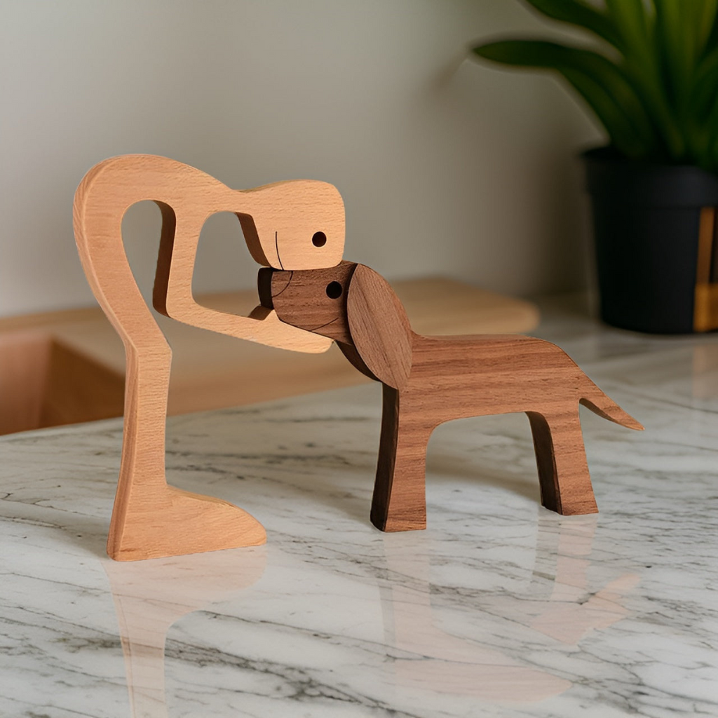 Handmade Wooden Dog & Owner Statue