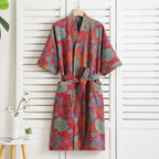 Lightweight Pure Cotton Bathrobe for Women - Double Gauze Breathable Dressing Gown with Vintage Print - Soft Spa Robe