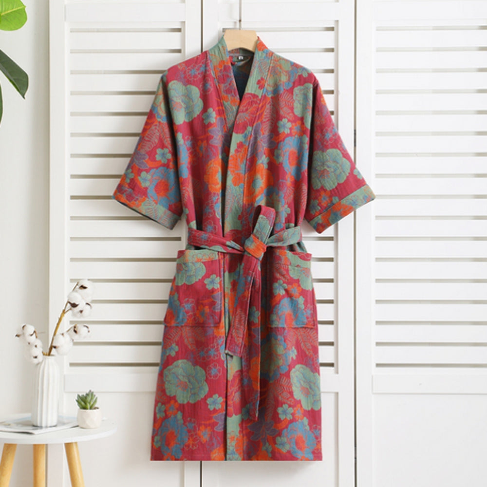 Lightweight Pure Cotton Bathrobe for Women - Double Gauze Breathable Dressing Gown with Vintage Print - Soft Spa Robe
