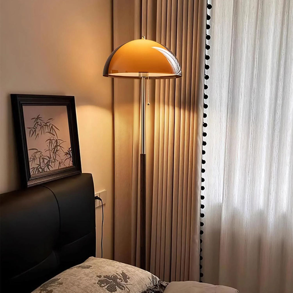 Amber Glass Floor Lamp – Retro Style With Walnut Wood And Metal Base