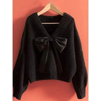 Women's V-Neck Knit Sweater with Large Bow – Elegant Batwing Sleeve Pullover